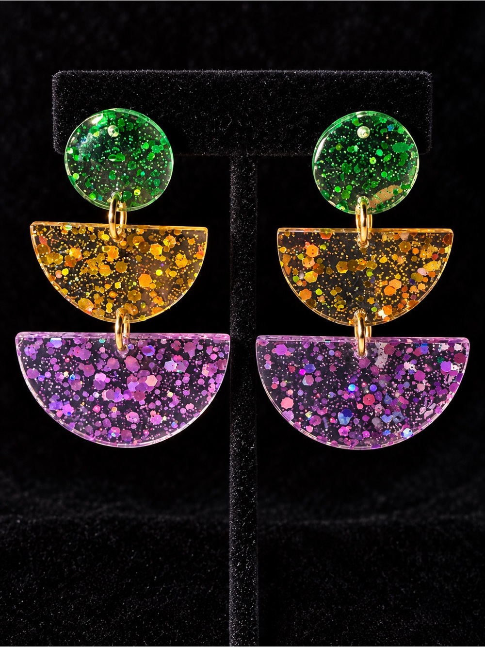 Glitter Tiered Drop Earrings in Green, Gold & Purple Mardi Gras